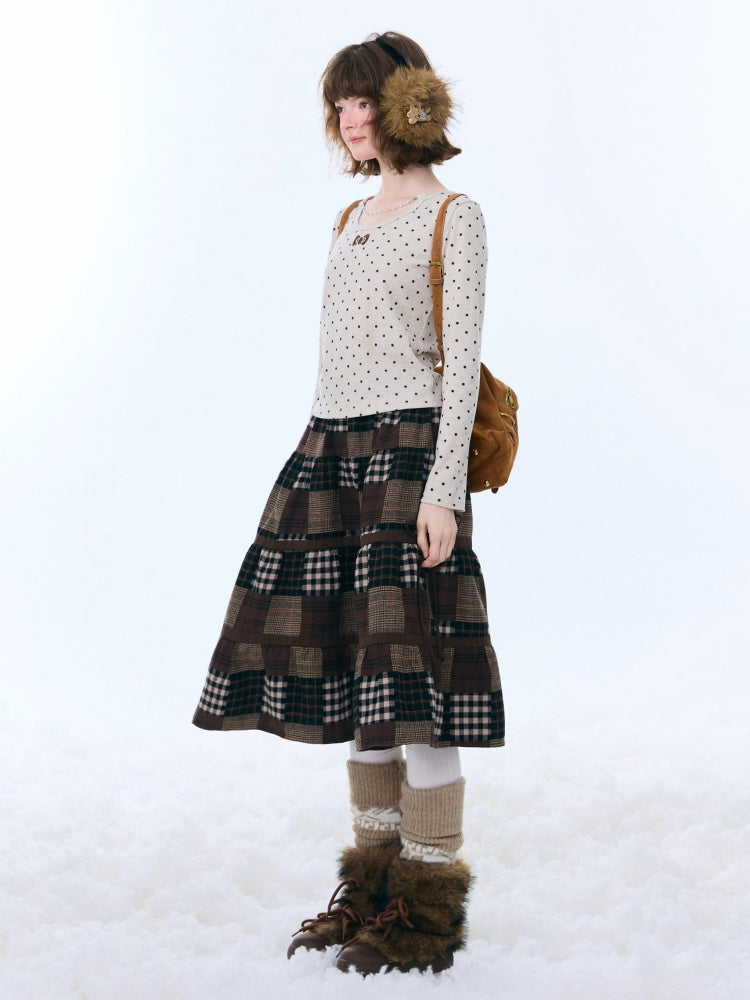 Polka Dot Chain Top Iong Sleeve T-Shirt Slim Knitted Base Shirt【s0000015256】