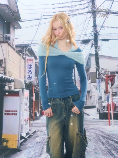 Bow Slim Top Plush Halter-Neck Knitted Base Shirt【s0000015264】