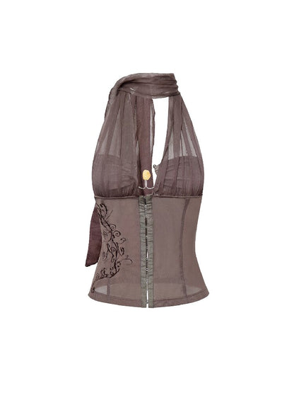 Faux Two Piece Halter Mesh Camisole【s0000017658】