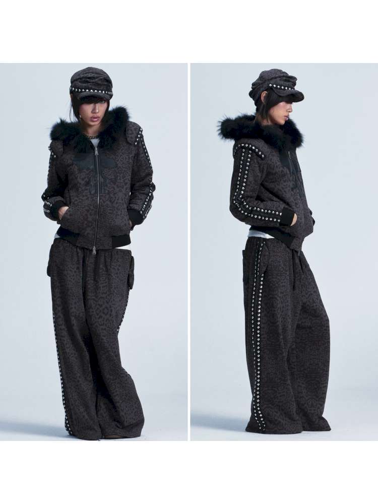Leopard Print Plush Hooded Slacks Set【s0000014663】
