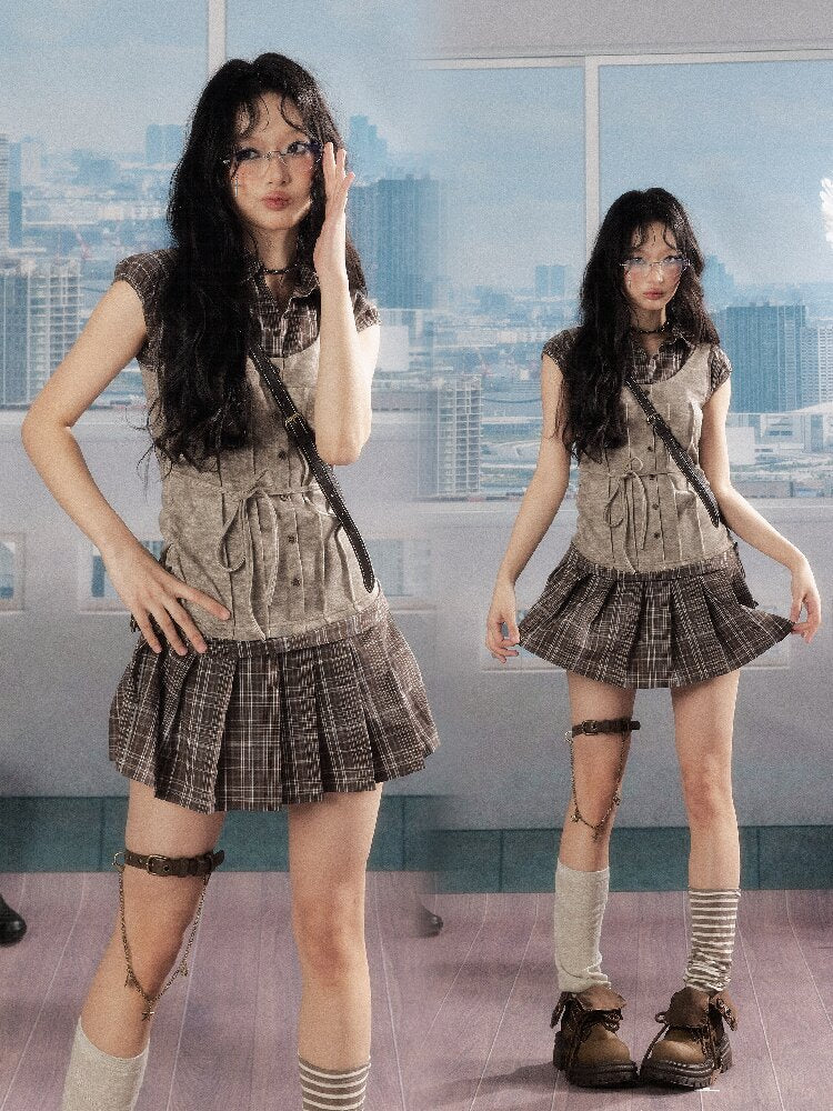 Plaid Patchwork Pleated Dress【s0000016276】