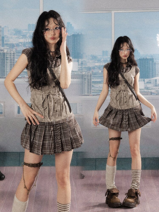 Plaid Patchwork Pleated Dress【s0000016276】