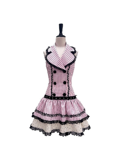 Striped Black Sweet Suit Collar Jsk【s0000016222】