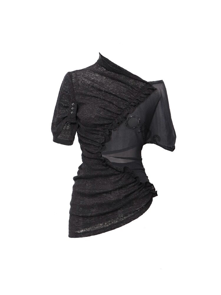 3-Tone Knitted Mesh Pleated T-Shirt【s0000016063】