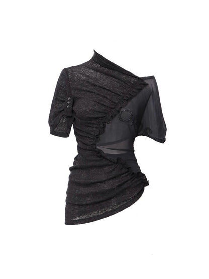 3-Tone Knitted Mesh Pleated T-Shirt【s0000016063】