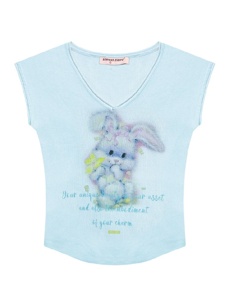 V-neck Baby Blue Short Sleeve T-shirt【s0000012268】