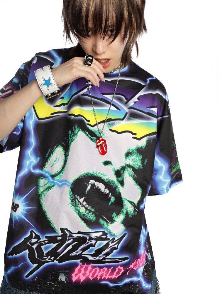 Dark Rock Lightning Print T-shirt【s0000015891】