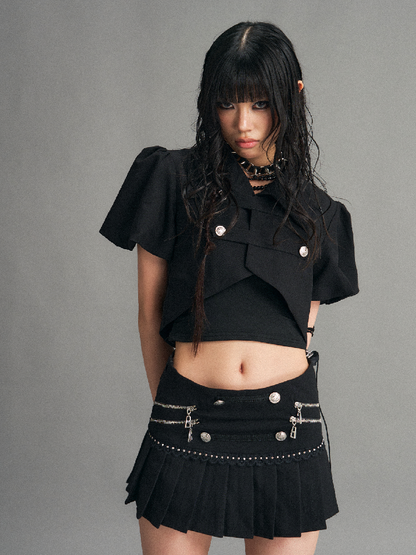 Dark Puff Sleeve Short Suit Top【s0000017524】