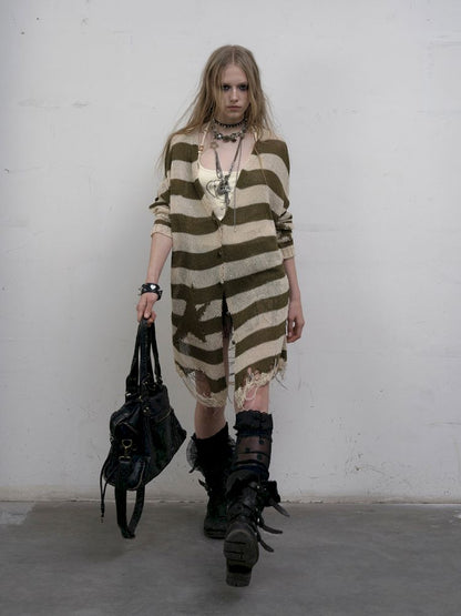 Striped knit loose bat-sleeve sunscreen hoodie【s0000012319】