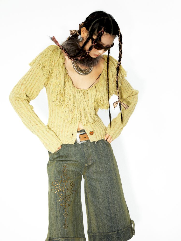 장식 된 렌더링 된 세척 데님 미디 바지 [S0000006271]