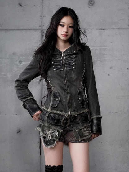 Denim Detachable Slim-Fit Hooded Jacket【s0000013951】