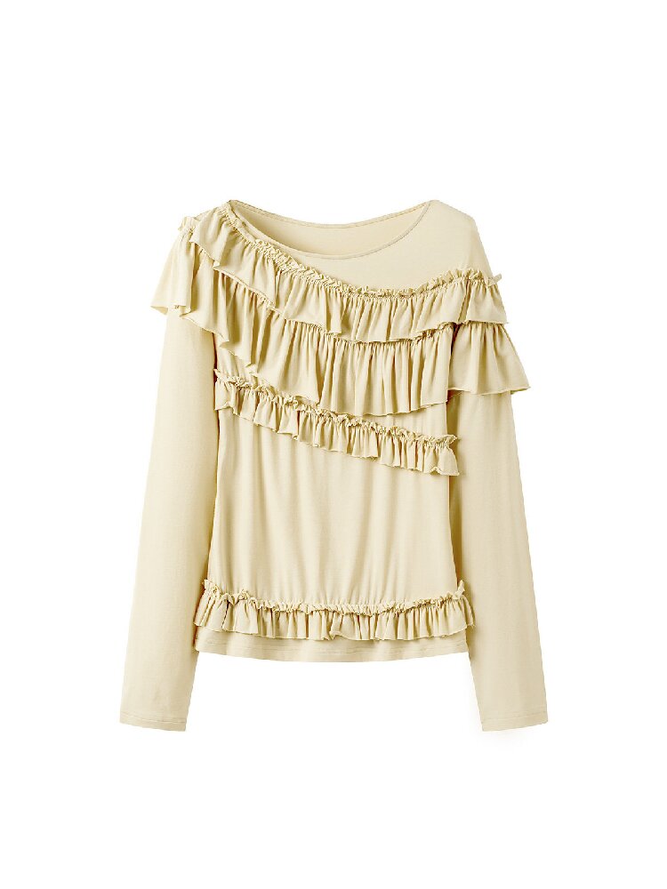 Yellow Pleated Off Shoulder Base T-Shirt【s0000018371】