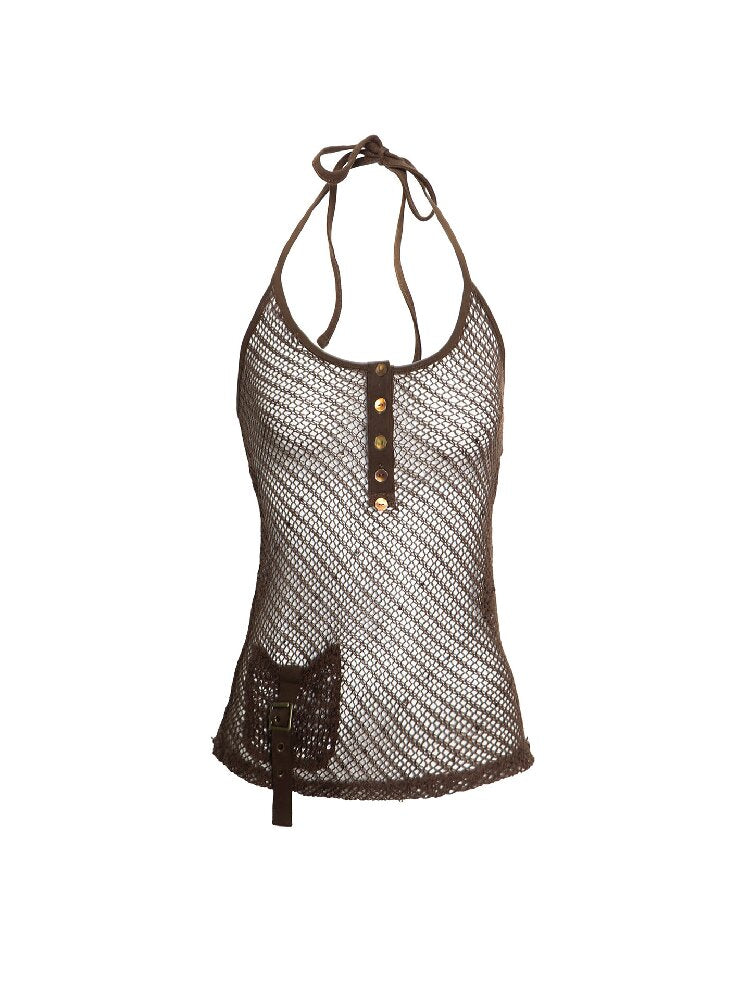 Dark Brown Sequin Mesh Halter Tank【s0000017649】
