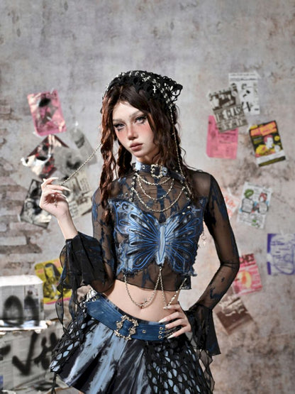 Butterfly Breast Plunge Mesh Bottom Shirt【s0000013506】