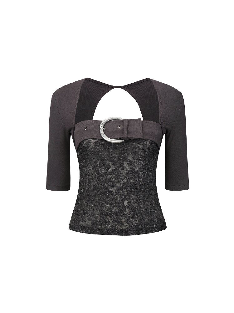 Patchwork Lace Leather Button Top【s0000018478】