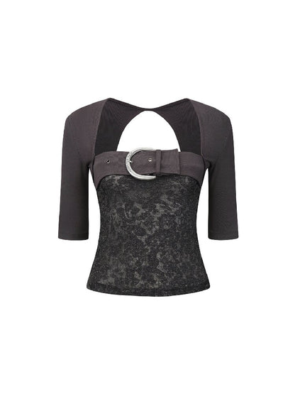 Patchwork Lace Leather Button Top【s0000018478】