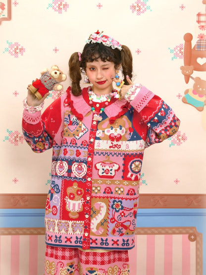 Red Navy Blue Jacquard Cardigan【s0000015570】