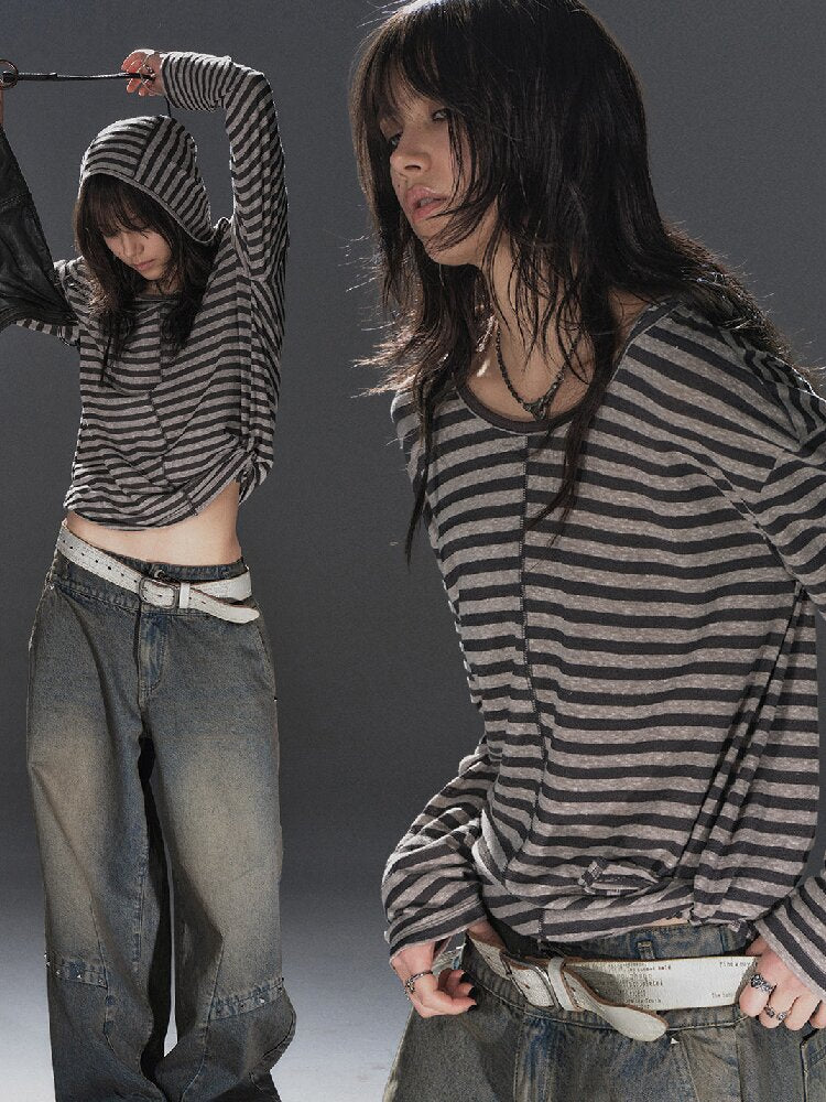 Striped Hooded Punk Long T Shirt【s0000016242】