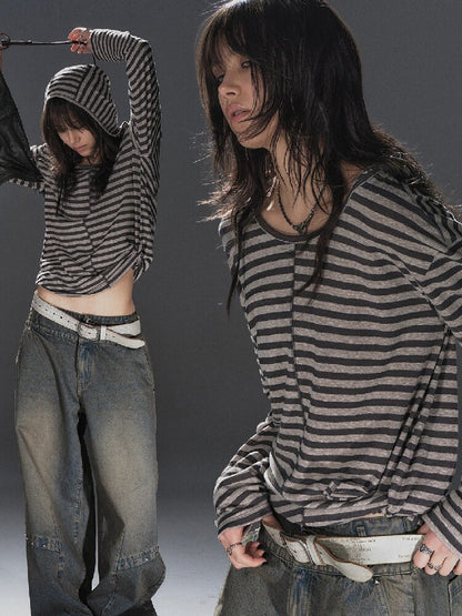 Striped Hooded Punk Long T Shirt【s0000016242】