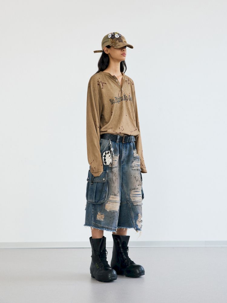 Washed and Ripped Denim Seven-Point Pants【s0000012476】