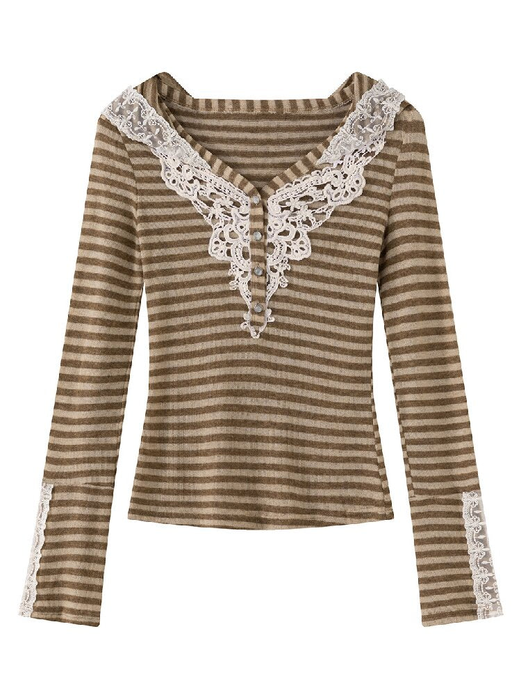 Lace Patchwork Striped Knit Top【s0000019240】