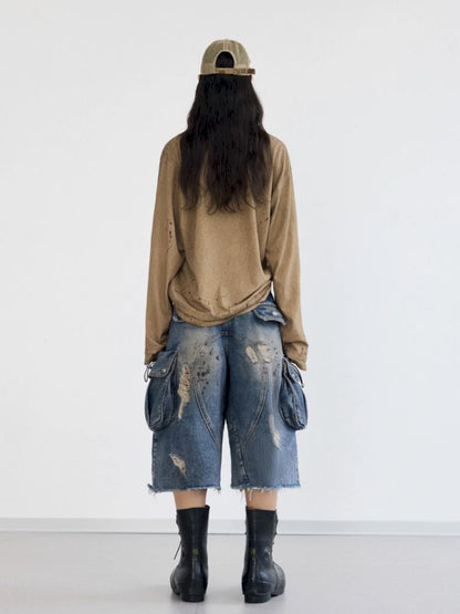 Washed and Ripped Denim Seven-Point Pants【s0000012476】