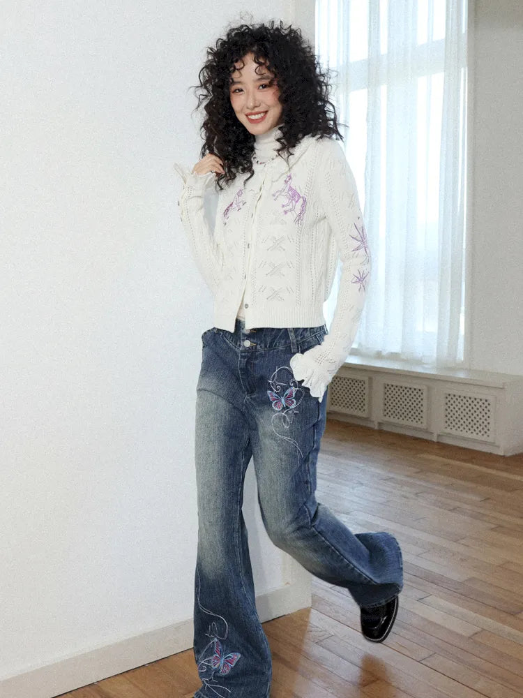 Butterfly Embroidered Slightly Flared Jeans【s0000013987】