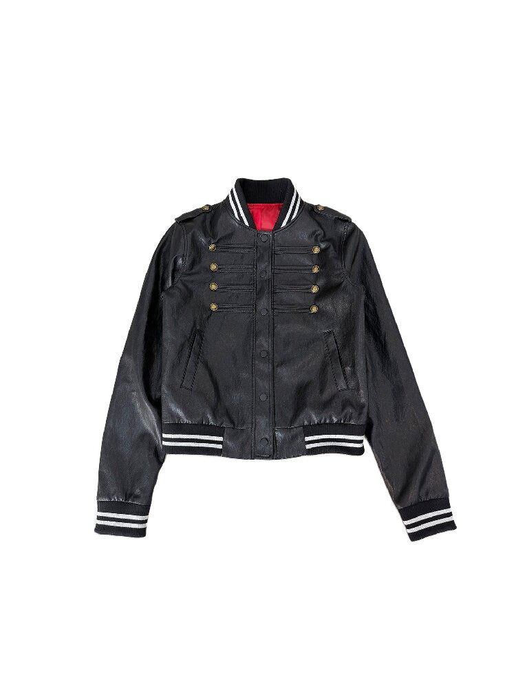 Dark Print Cropped Double Breasted Faux Leather Jacket【s0000019105】