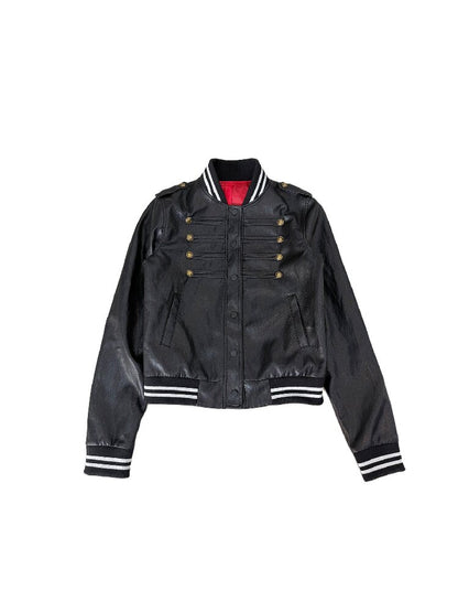 Dark Print Cropped Double Breasted Faux Leather Jacket【s0000019105】