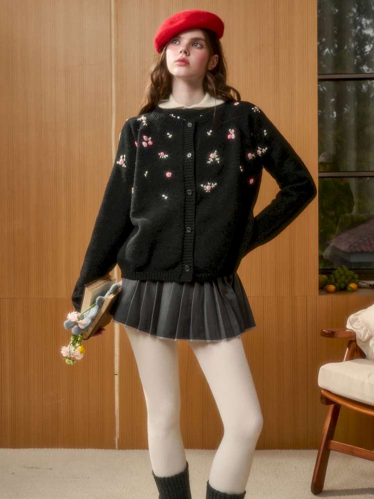 Wool Hand-Embroidered Flower Sweater Cardigan【s0000014891】