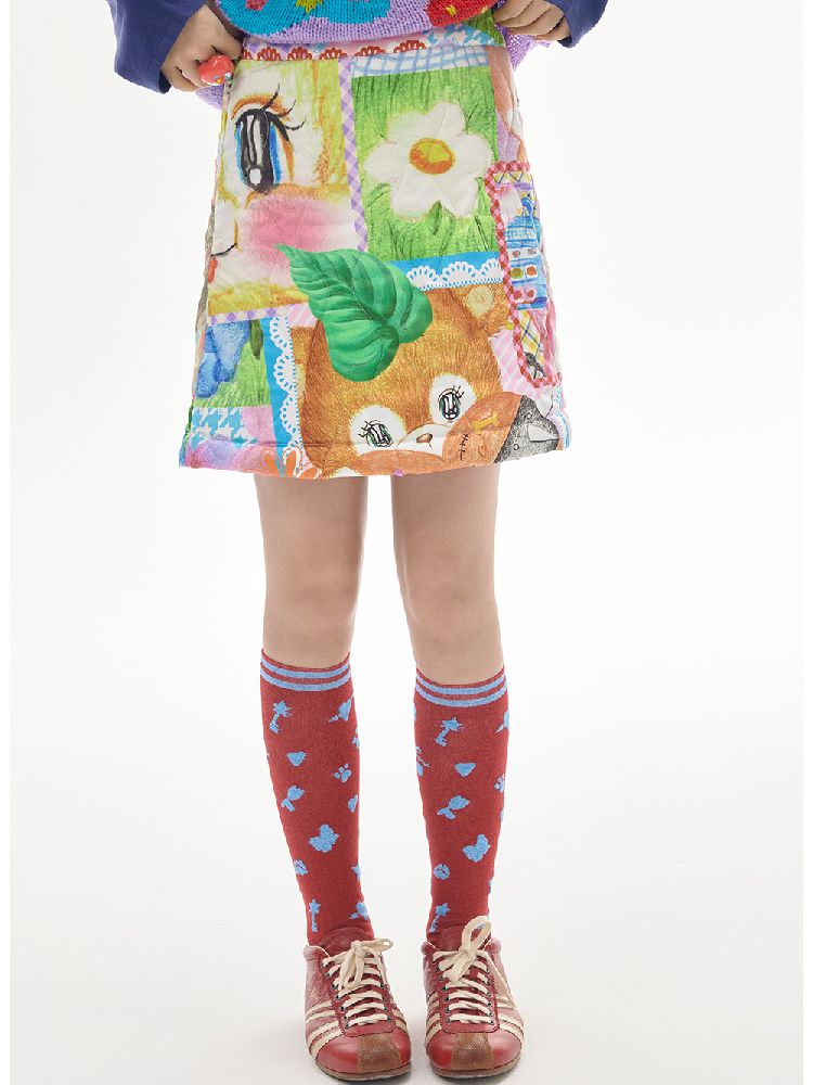 COLORFUL CHILDISH COLLAGE PRINTED HALF SKIRT [S0000010516]