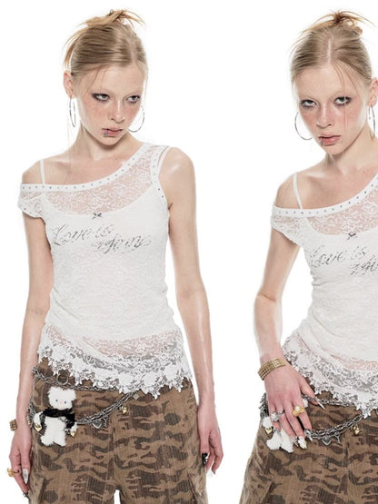 Slant Shoulder Asymmetric Lace See Through Overlay Vest【s0000009708】