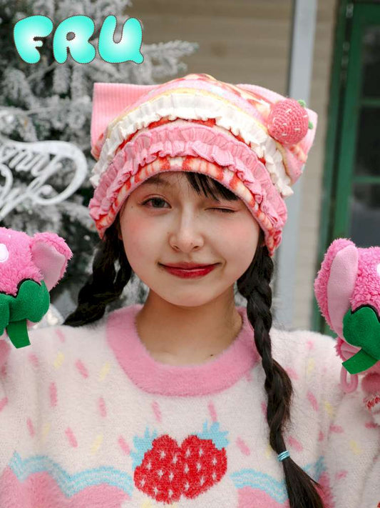 Strawberry Print Cat Ear Hat【s0000015105】
