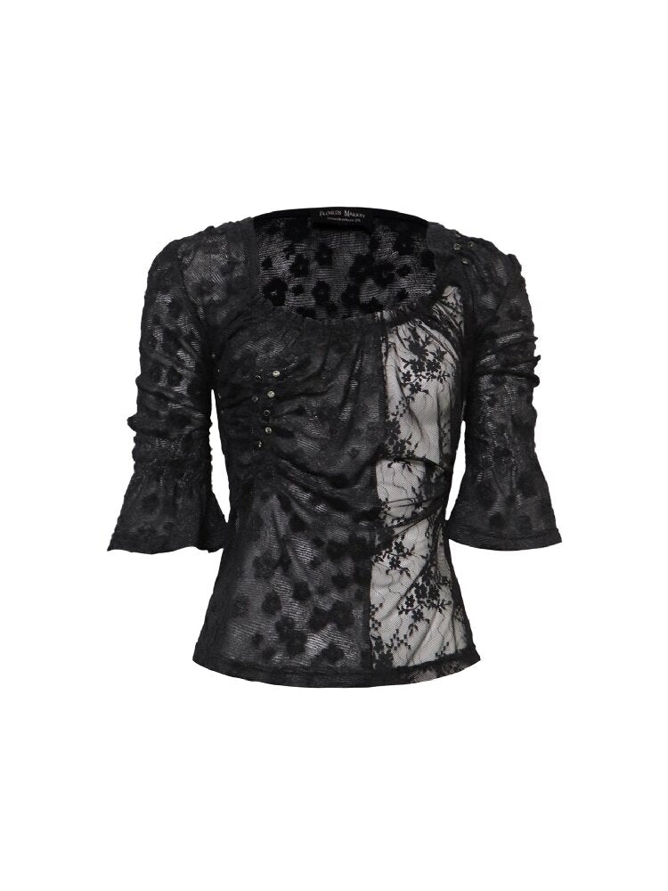 Flocked Lace Paneled Ruffled Shirt【s0000016067】