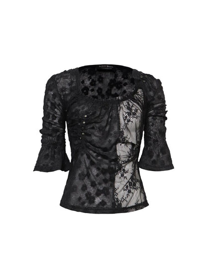 Flocked Lace Paneled Ruffled Shirt【s0000016067】