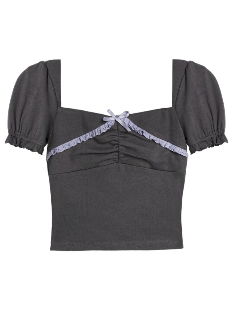Square Neck Lace Bubble Sleeve Top【s0000013370】