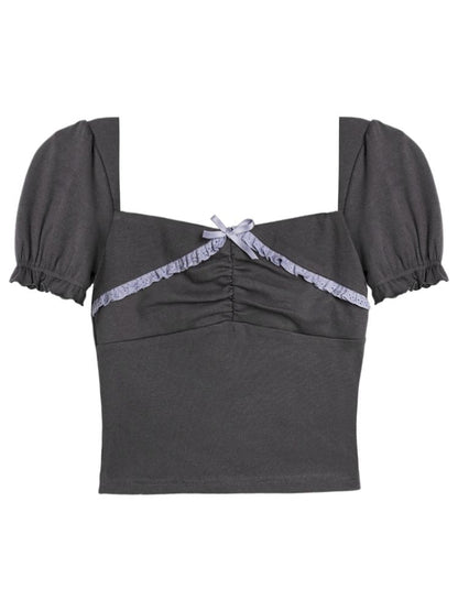 Square Neck Lace Bubble Sleeve Top【s0000013370】