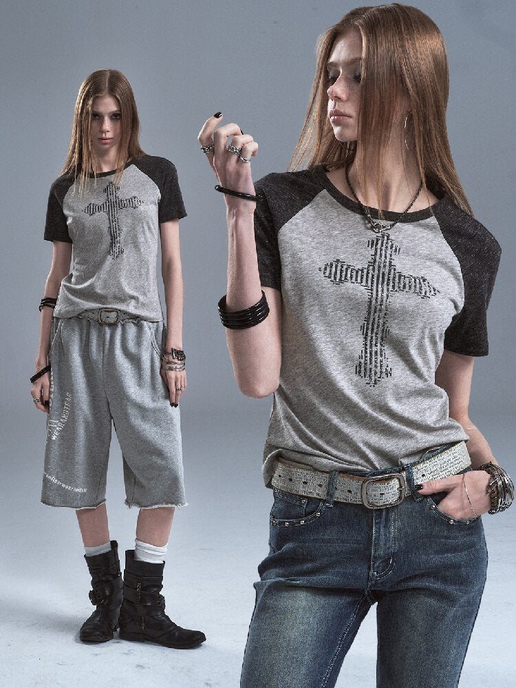 Cross Raglan Shaded Flower T-shirt【s0000016897】