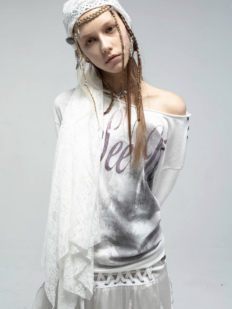 Slant Shoulder Round Neck Printed T-Shirt【s0000011842】