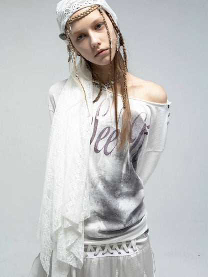 Slant Shoulder Round Neck Printed T-Shirt【s0000011842】