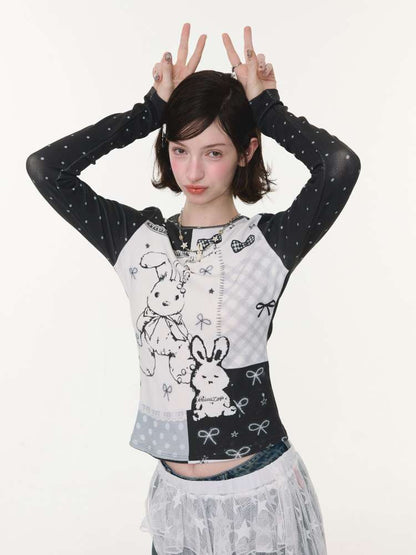 Rabbit Print Bow Contrast Top【s0000015433】