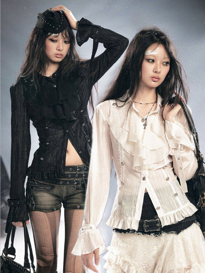 Gothic Pleated Ruffled Slim Shirt【s0000015450】
