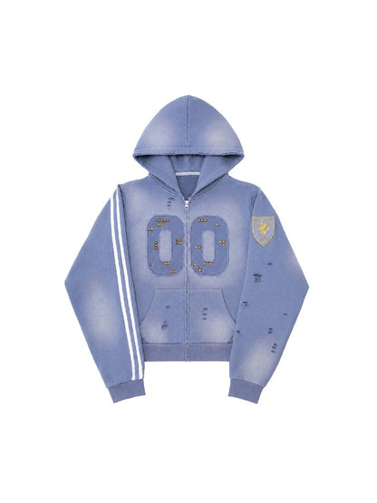 Embroidered Distressed Zipper Hoodie【s0000018569】