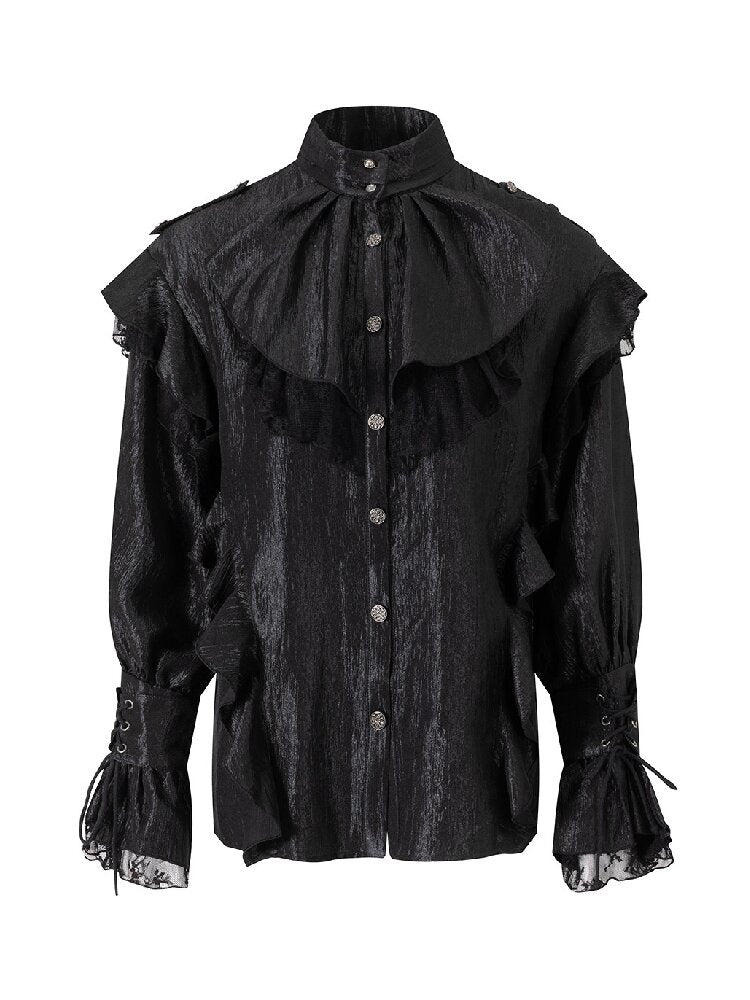 Patchwork Pearlescent Ruffled Stand Collar Shirt【s0000019242】