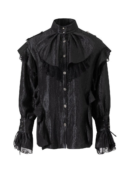 Patchwork Pearlescent Ruffled Stand Collar Shirt【s0000019242】