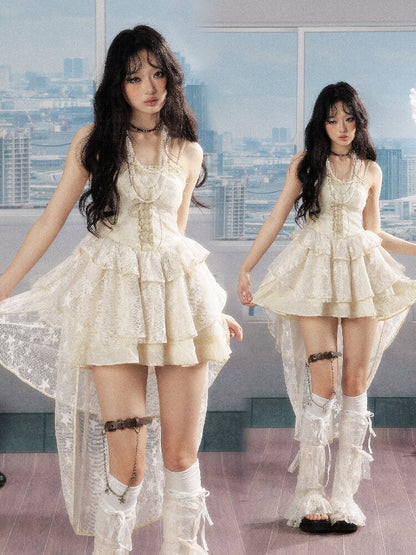 Lace Ruffle Cinched Waist Sundress【s0000016541】