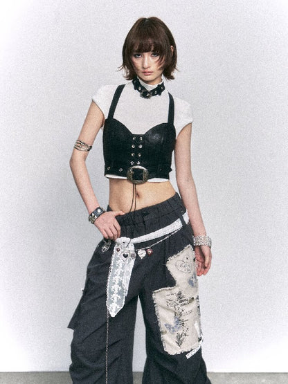 Punk Vintage Suspender T-shirt Two-piece Set【s0000015968】