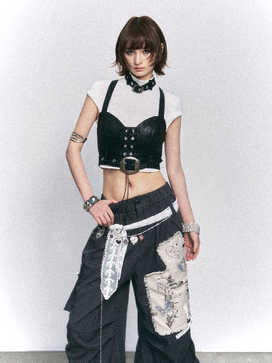 Punk Vintage Suspender T-shirt Two-piece Set【s0000015968】