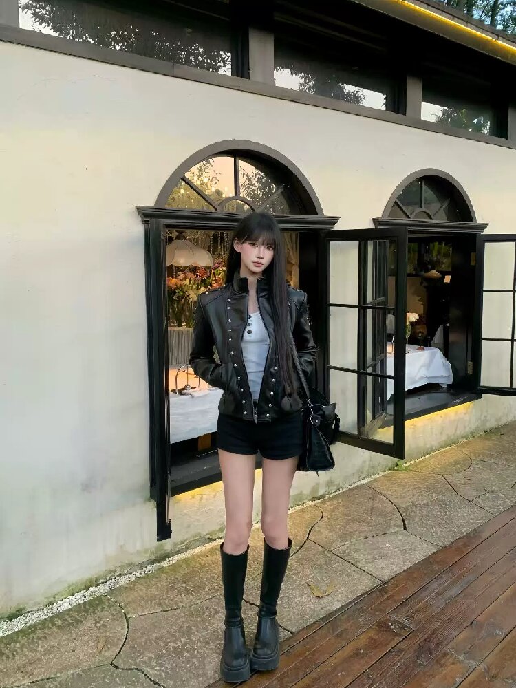 Stand Collar Riveted Leather Jacket【s0000019107】