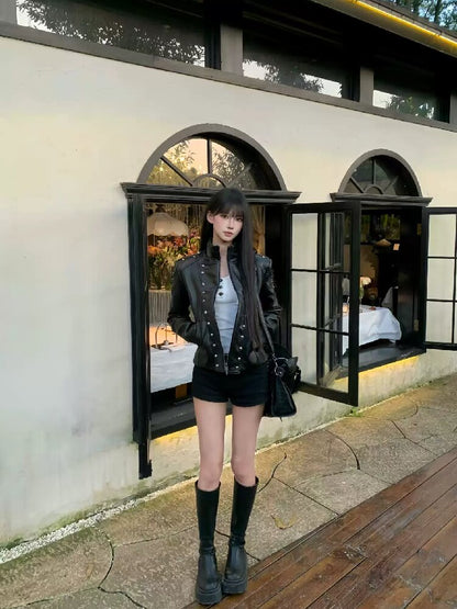 Stand Collar Riveted Leather Jacket【s0000019107】